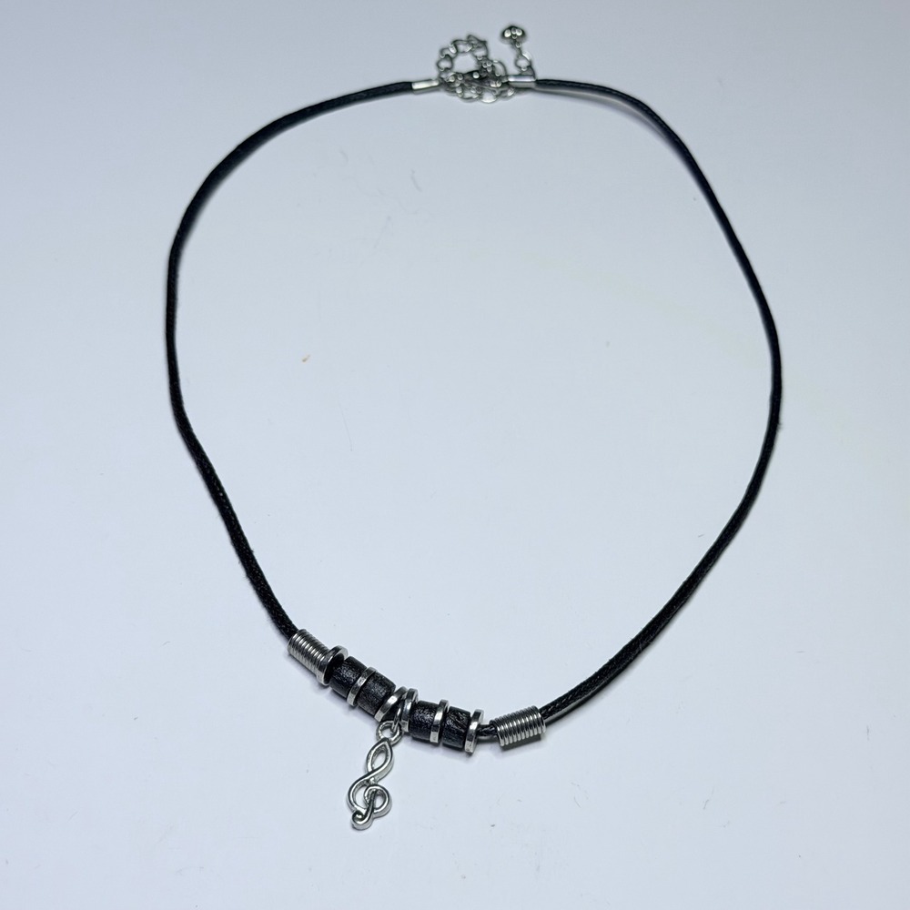 Music Treble Clef Charm Black Cord Necklace Silver Tone Minimalist G Clef